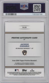 Jackson Chourio from the 2024 Topps Pristine set graded by PSA and given an overall grade of 10.
