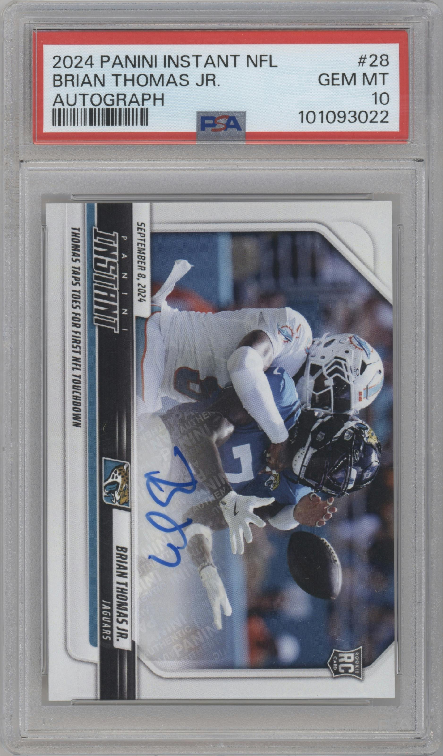 Brian Thomas Jr.  from the 2024 Panini Instant NFL set graded by PSA and given an overall grade of 10.