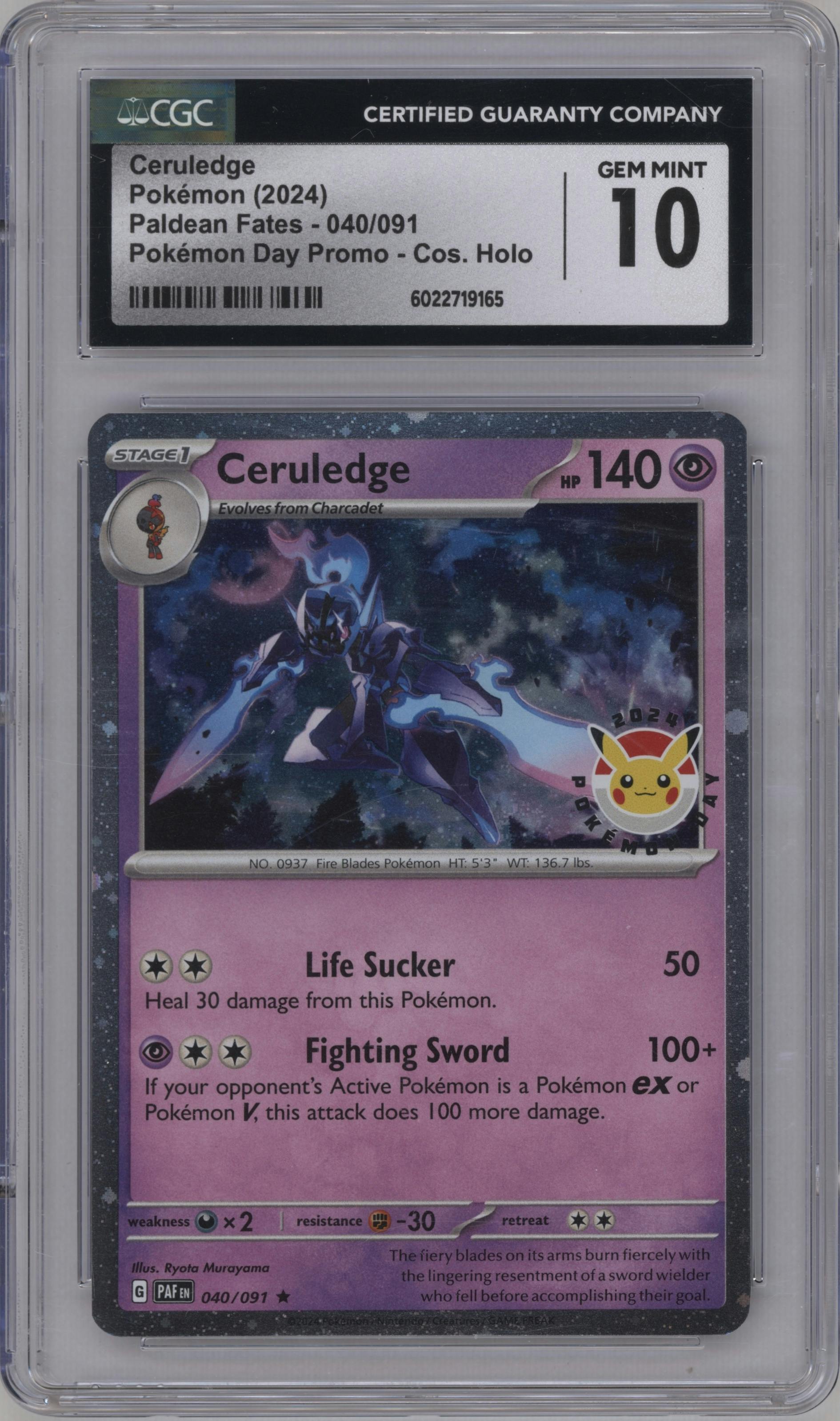Ceruledge from the 2024 Pokemon SV set featuring a Pokemon Day 2024 parallel graded by CSG and given an overall grade of 10.