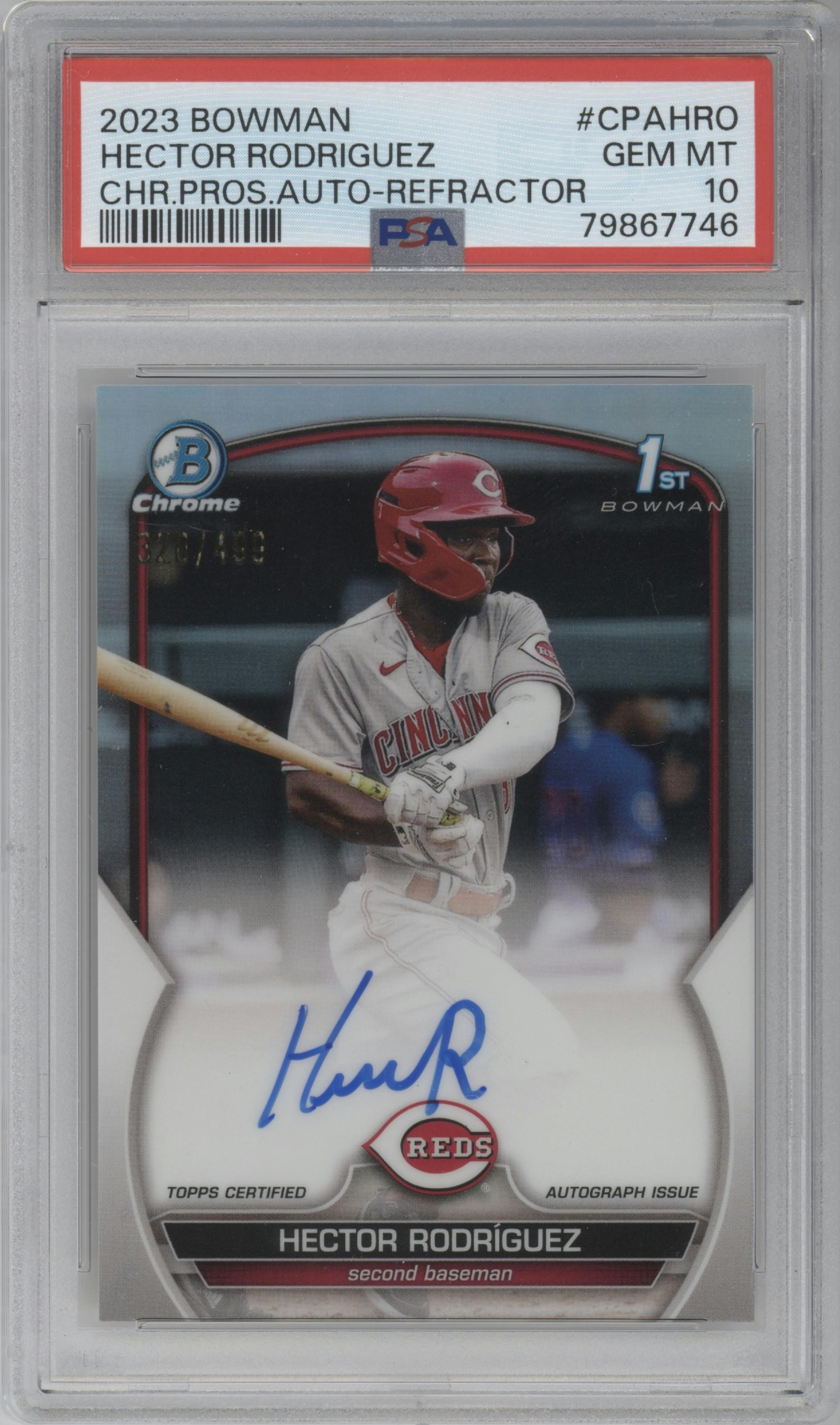 Hector Rodriguez from the 2023 Bowman  set featuring a Refractor parallel graded by PSA and given an overall grade of 10.