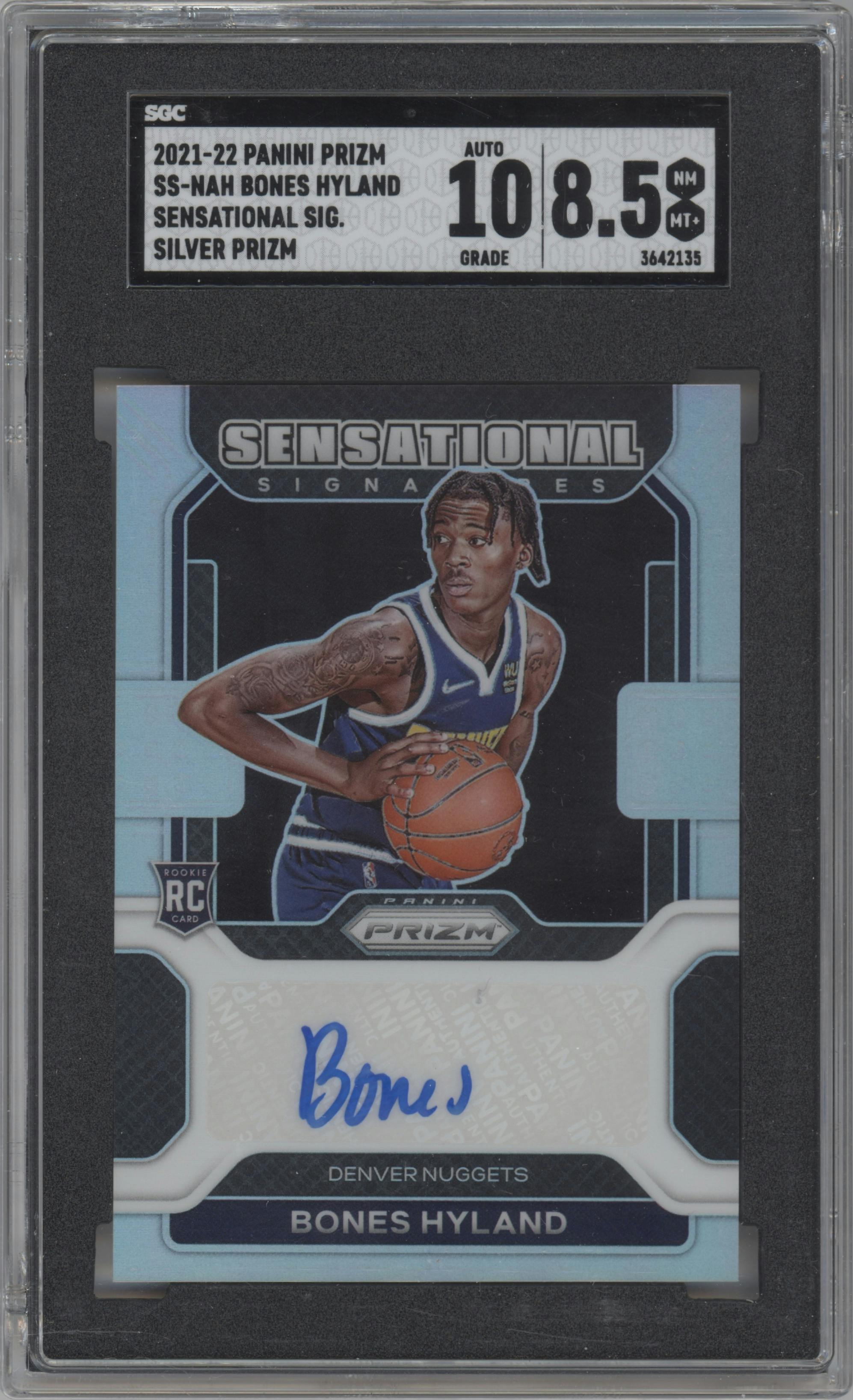 Bones Hyland from the 2021-22 Panini Prizm  set featuring a Silver Prizm parallel graded by SGC and given an overall grade of 8.5.