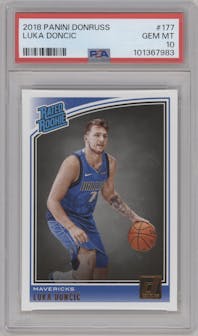 Luka Doncic from the 2018-19 Panini Donruss  set graded by PSA and given an overall grade of 10.