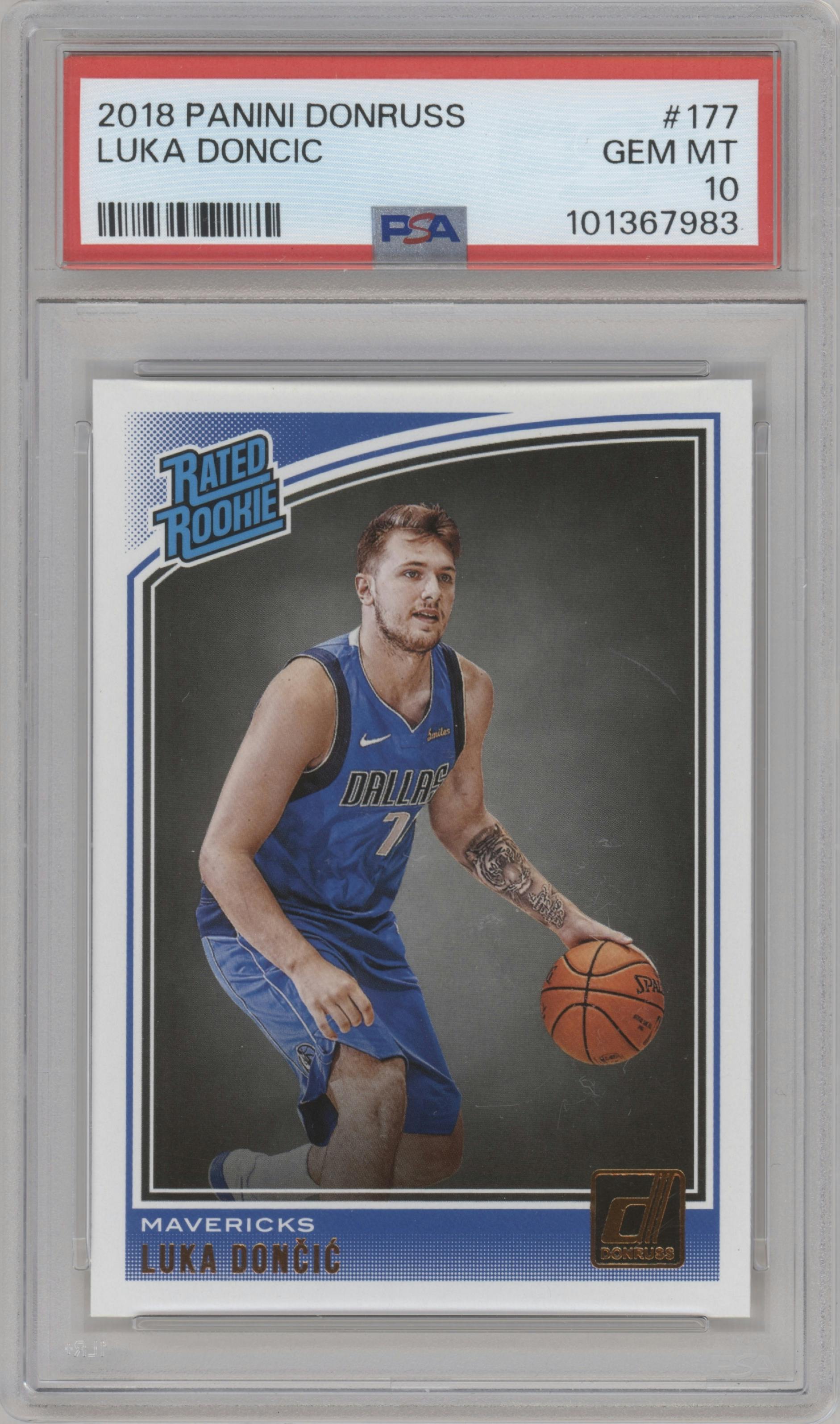 Luka Doncic from the 2018-19 Panini Donruss  set graded by PSA and given an overall grade of 10.