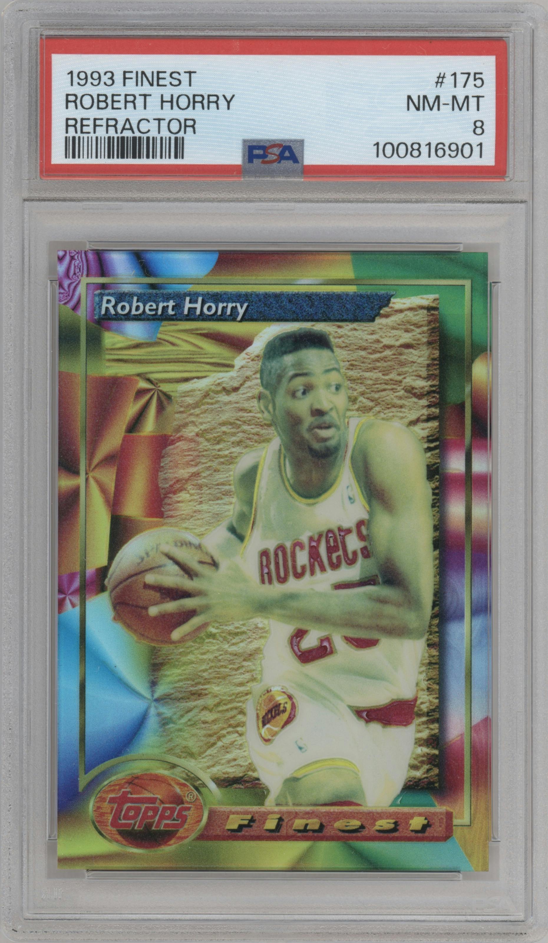 Robert Horry from the 1993-94 Topps Finest  set featuring a Refractor parallel graded by PSA and given an overall grade of 8.