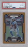 Jahmyr Gibbs from the 2023 Panini Prizm set featuring a Orange Prizm parallel graded by PSA and given an overall grade of 10.