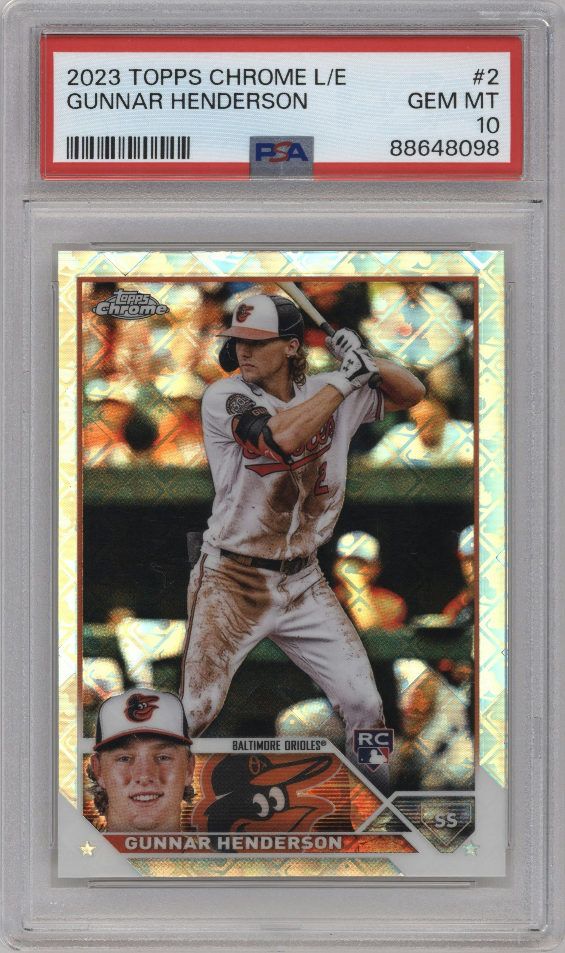 Gunnar Henderson from the 2023 Topps Chrome Logofractor Edition set graded by PSA and given an overall grade of 10.