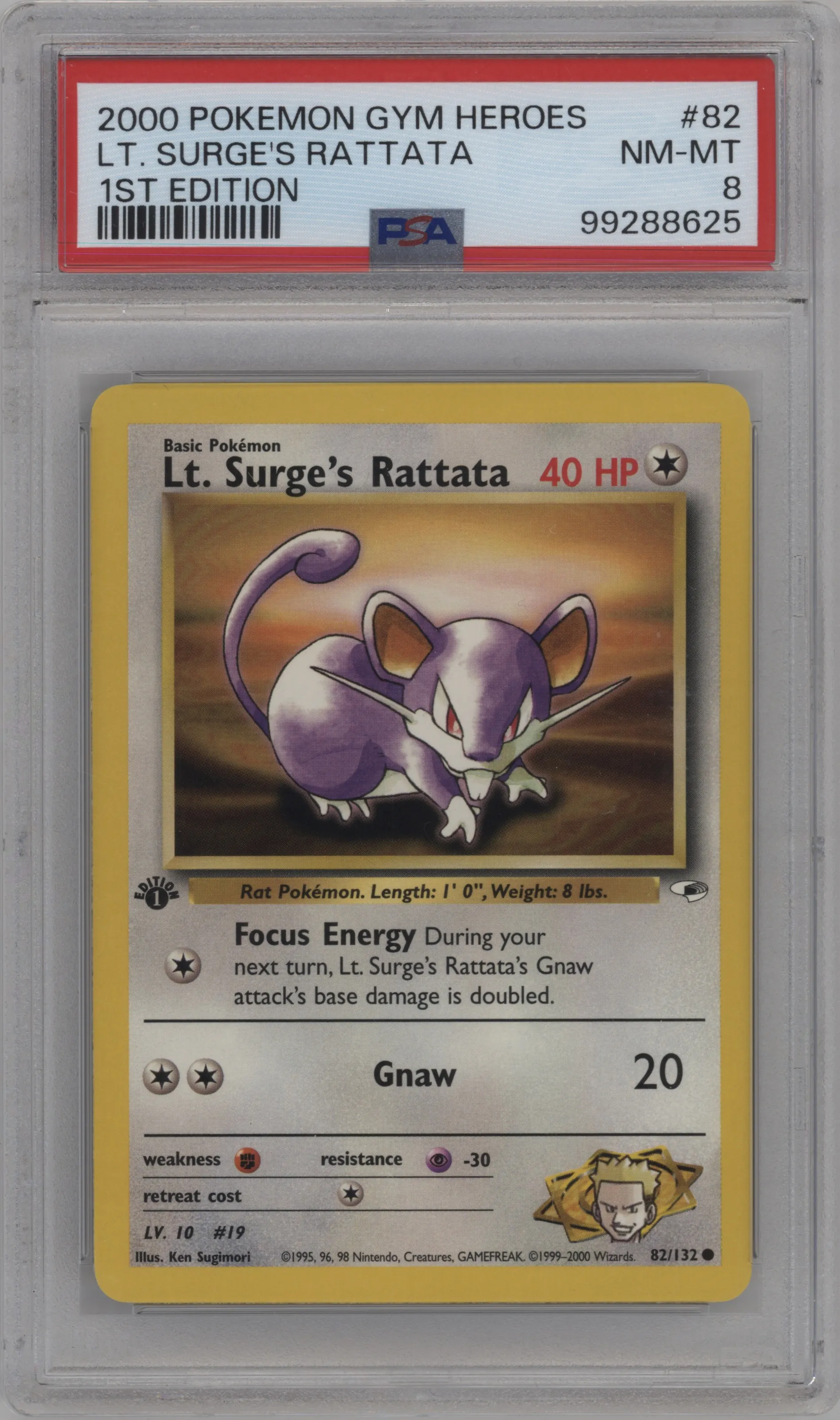 2000 Pokemon GH Gym Heroes Lt. Surge's Rattata #82 PSA 8