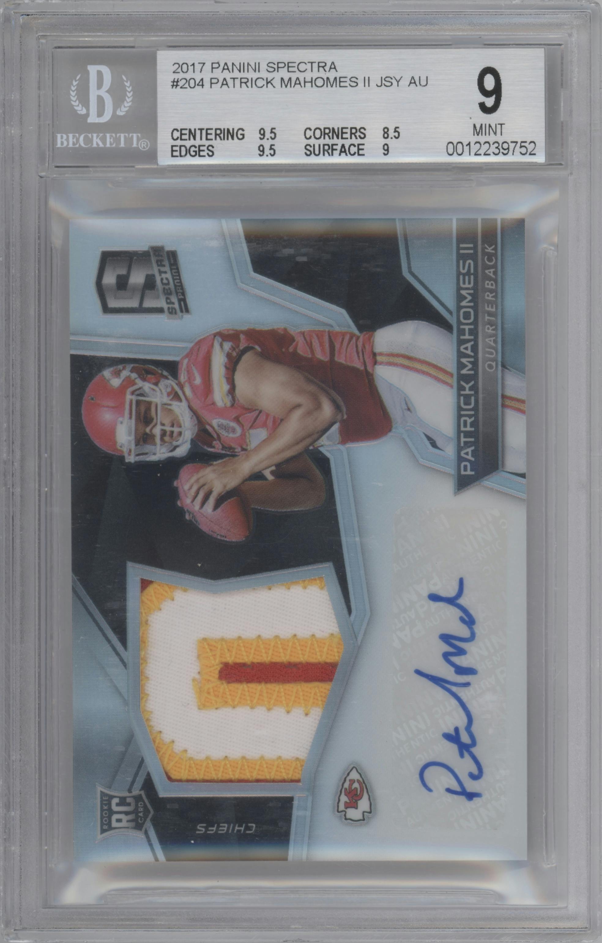 Patrick Mahomes II from the 2017 Panini Spectra set graded by Beckett and given an overall grade of 9.