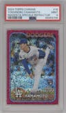 Yoshinobu Yamamoto from the 2024 Topps Chrome set featuring a Magenta Speckle Refractor parallel graded by PSA and given an overall grade of 9.