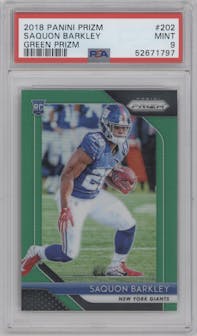 Saquon Barkley from the 2018 Panini Prizm set featuring a Green  Prizm parallel graded by PSA and given an overall grade of 9.