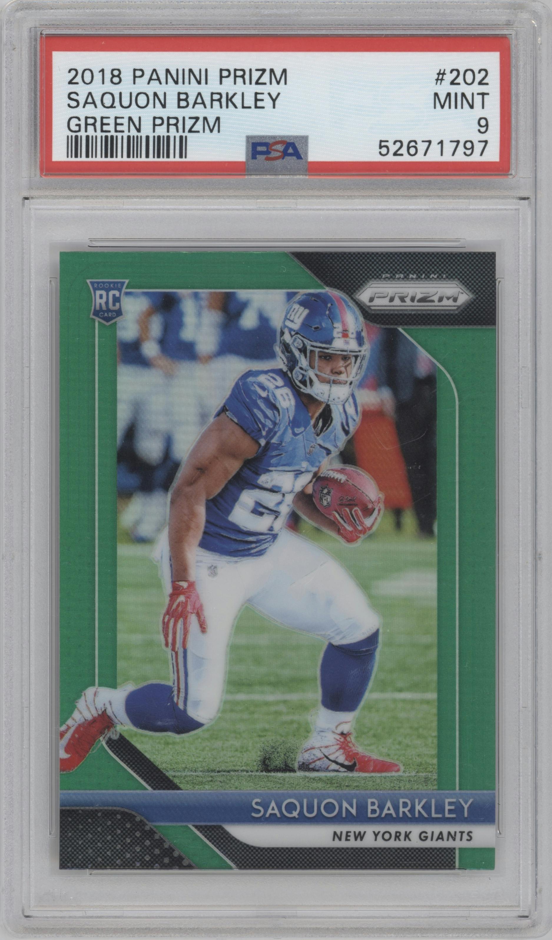 Saquon Barkley from the 2018 Panini Prizm set featuring a Green  Prizm parallel graded by PSA and given an overall grade of 9.