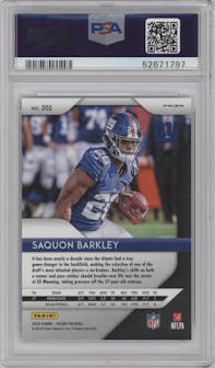Saquon Barkley from the 2018 Panini Prizm set featuring a Green  Prizm parallel graded by PSA and given an overall grade of 9.