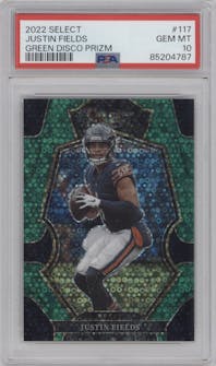 Justin Fields from the 2022 Panini Select set featuring a Green Disco parallel graded by PSA and given an overall grade of 10.