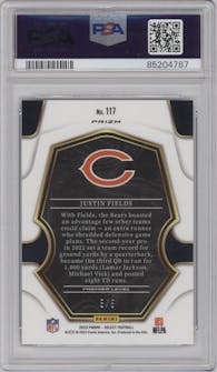 Justin Fields from the 2022 Panini Select set featuring a Green Disco parallel graded by PSA and given an overall grade of 10.