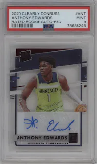Anthony Edwards from the 2020-21 Clearly Donruss set featuring a Red parallel graded by PSA and given an overall grade of 9.