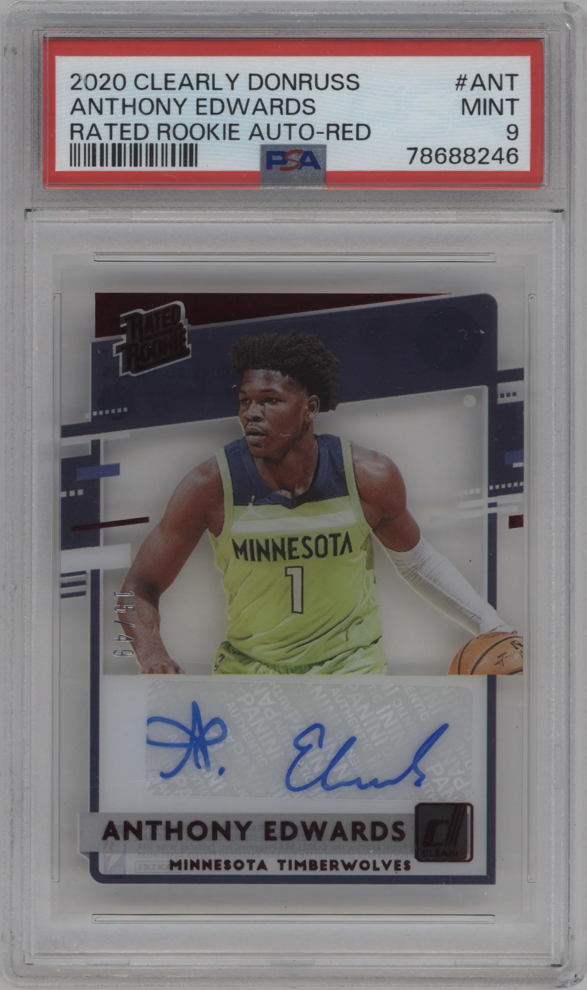 Anthony Edwards from the 2020-21 Clearly Donruss set featuring a Red parallel graded by PSA and given an overall grade of 9.
