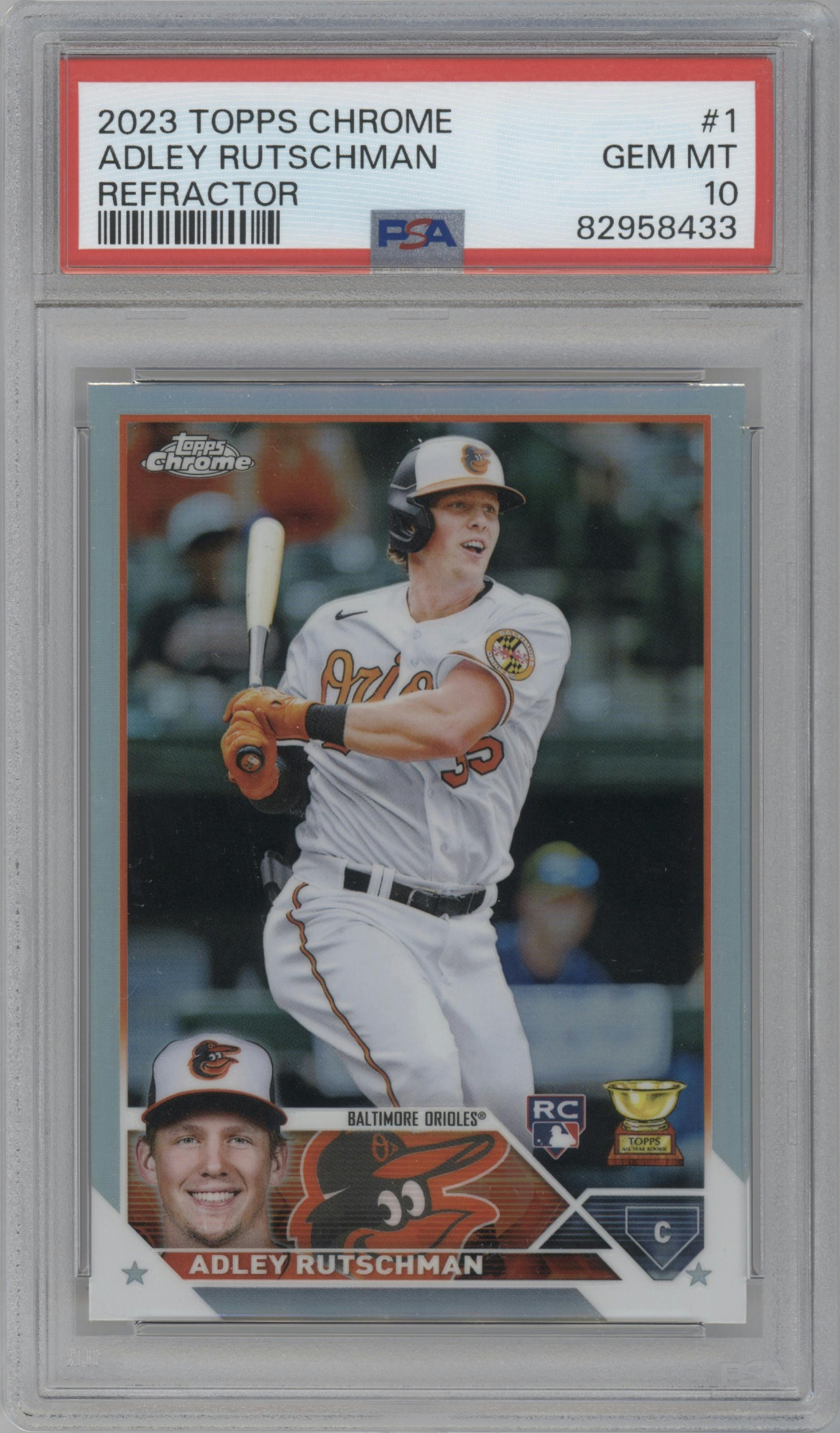 Adley Rutschman from the 2023 Topps Chrome set featuring a Refractor parallel graded by PSA and given an overall grade of 10.