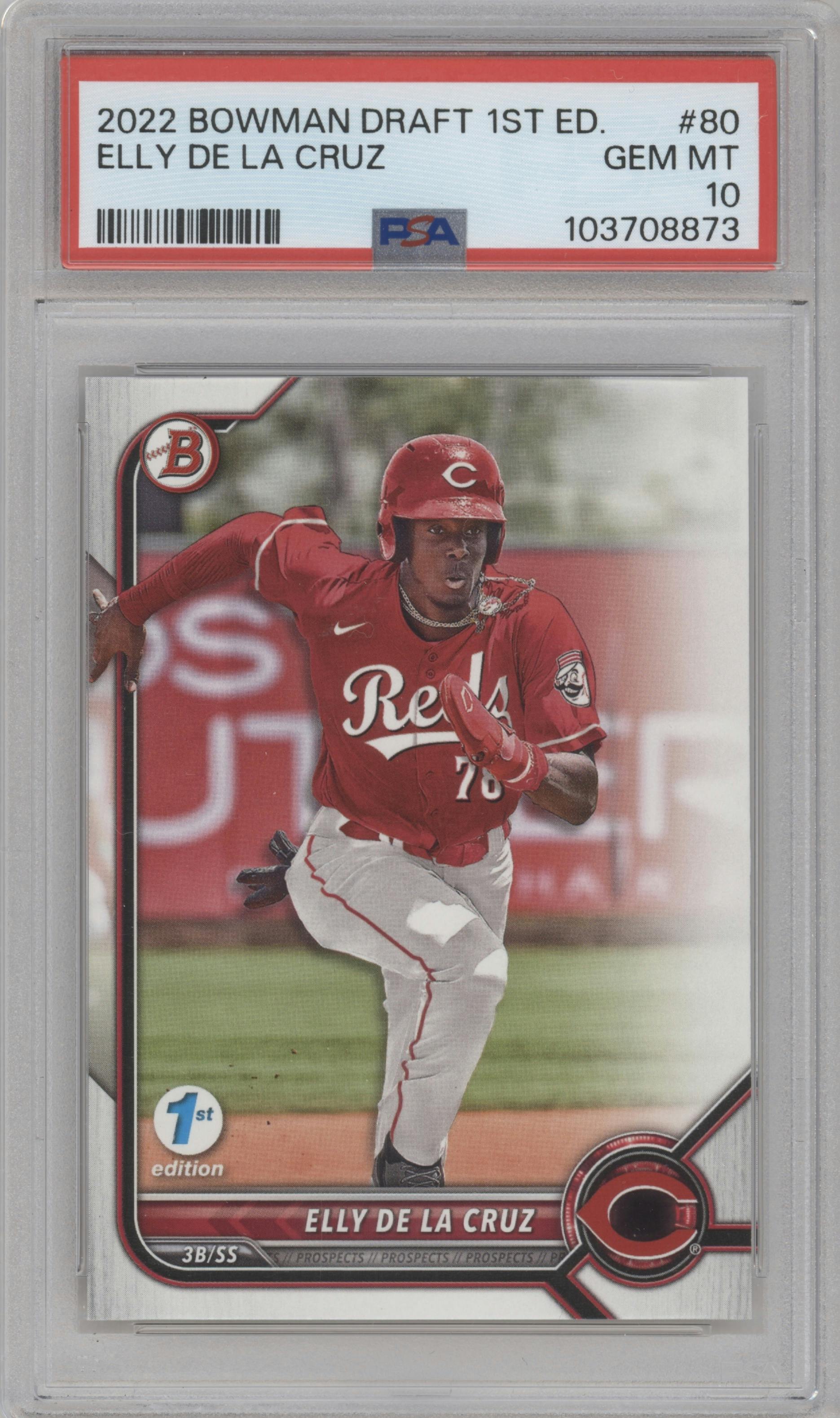 Elly De La Cruz from the 2022 Bowman Draft 1st Edition set graded by PSA and given an overall grade of 10.