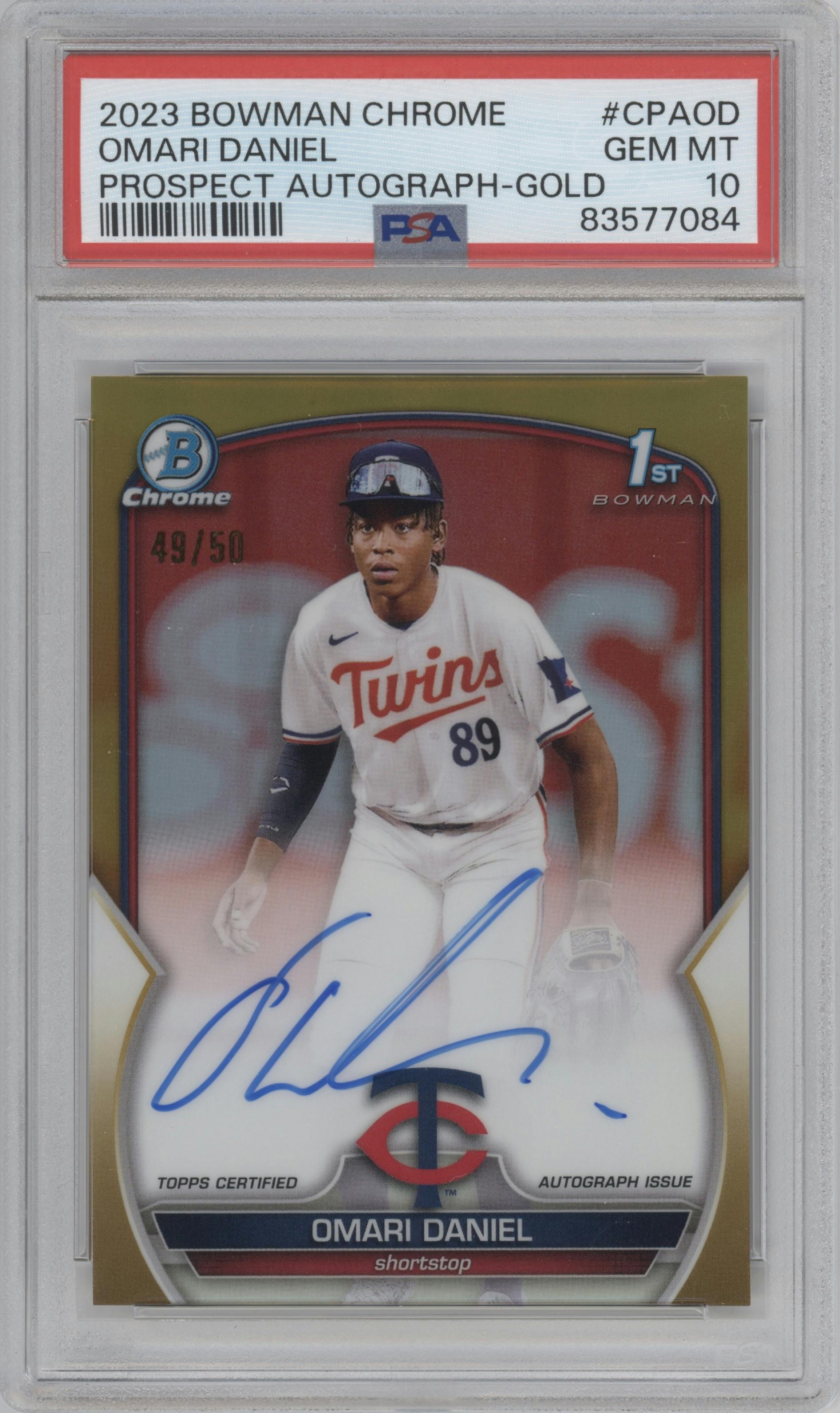 Omari Daniel from the 2023 Bowman Chrome set featuring a Gold Refractor parallel graded by PSA and given an overall grade of 10.