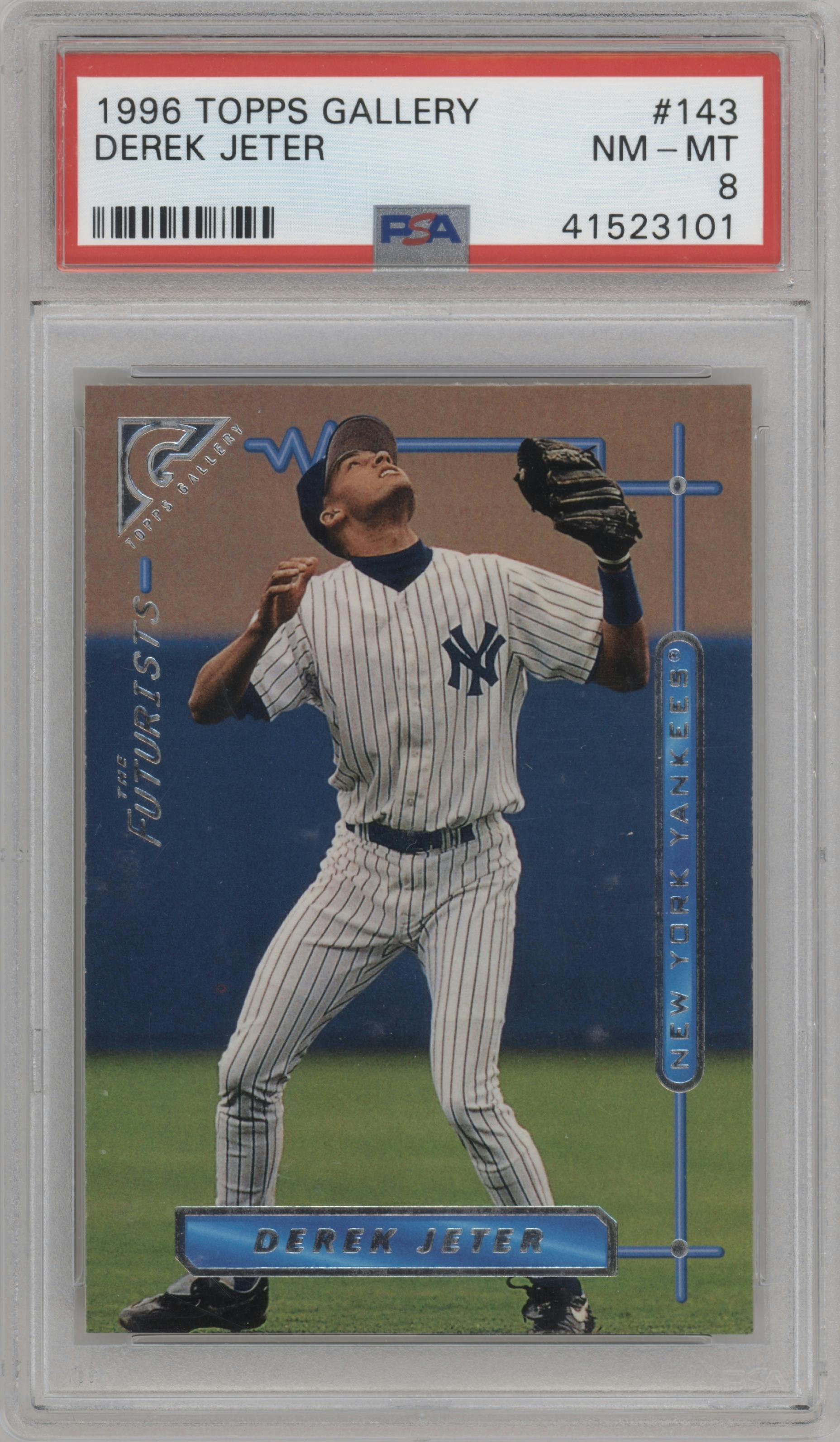 Derek Jeter from the 1996 Topps Gallery set graded by PSA and given an overall grade of 8.