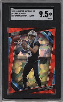 Bryce Young from the 2023 Panini The National VIP set featuring a Red Sparkle parallel graded by SGC and given an overall grade of 9.5.