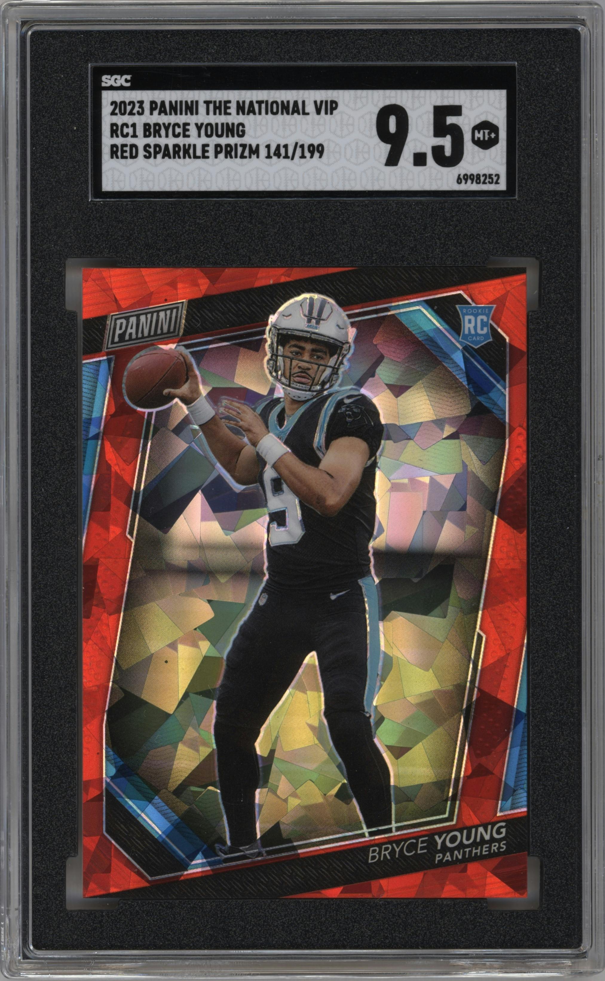 Bryce Young from the 2023 Panini The National VIP set featuring a Red Sparkle parallel graded by SGC and given an overall grade of 9.5.