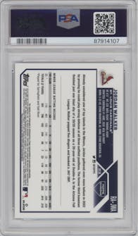 Jordan Walker from the 2023 Topps Chrome set featuring a Blue Refractor parallel graded by PSA and given an overall grade of 9.