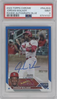 Jordan Walker from the 2023 Topps Chrome set featuring a Blue Refractor parallel graded by PSA and given an overall grade of 9.