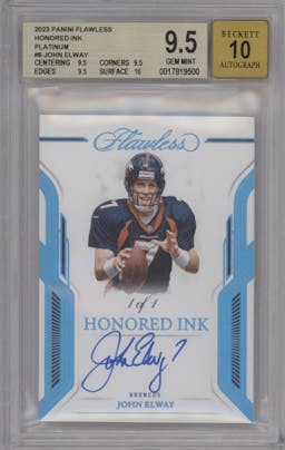 John Elway from the 2023 Panini Flawless set featuring a Platinum  parallel graded by Beckett and given an overall grade of 9.5.