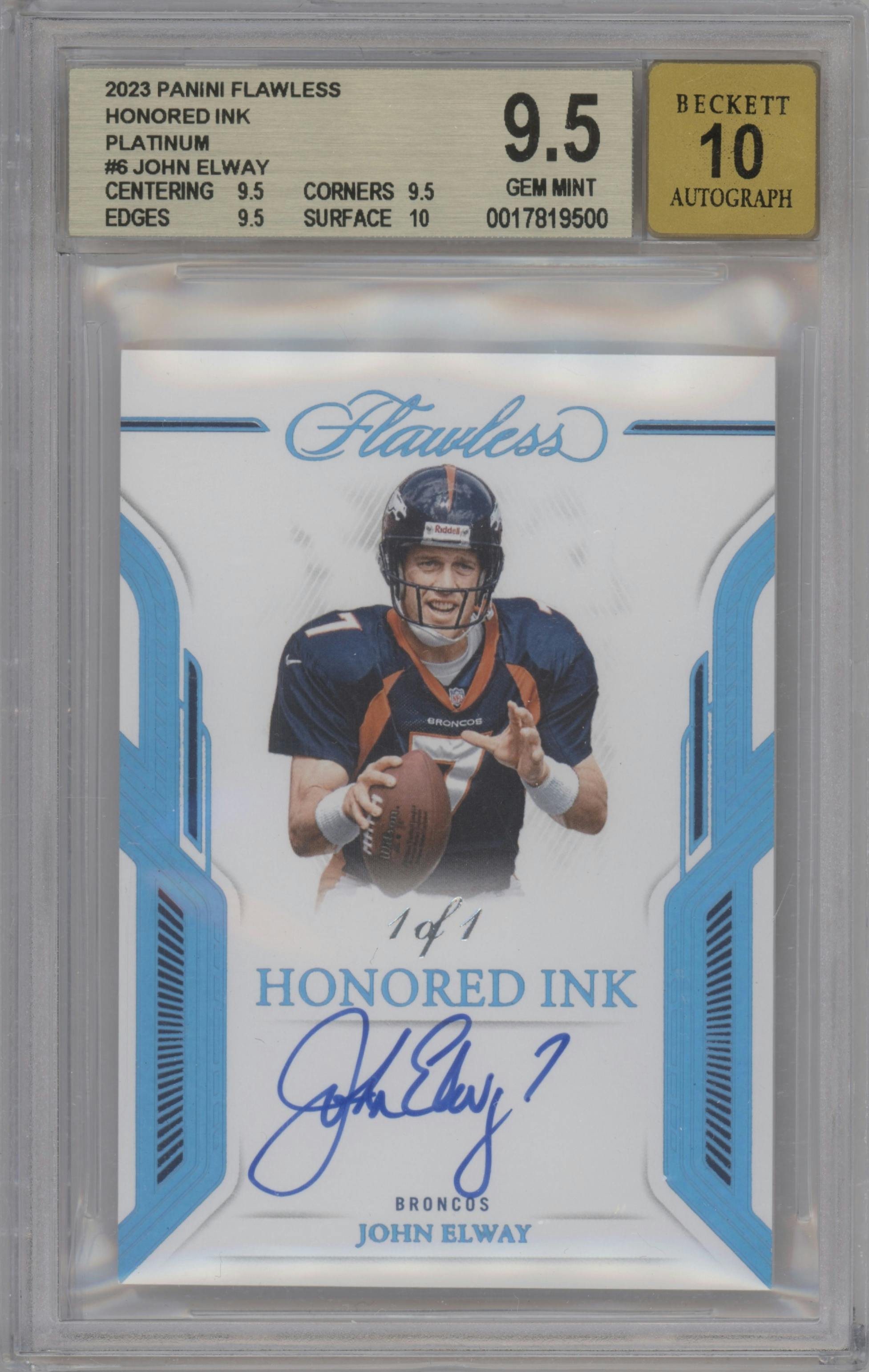John Elway from the 2023 Panini Flawless set featuring a Platinum  parallel graded by Beckett and given an overall grade of 9.5.