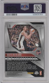Caitlin Clark from the 2024 Panini Prizm WNBA set featuring a Silver Prizm parallel graded by PSA and given an overall grade of 9.
