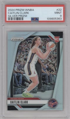 Caitlin Clark from the 2024 Panini Prizm WNBA set featuring a Silver Prizm parallel graded by PSA and given an overall grade of 9.