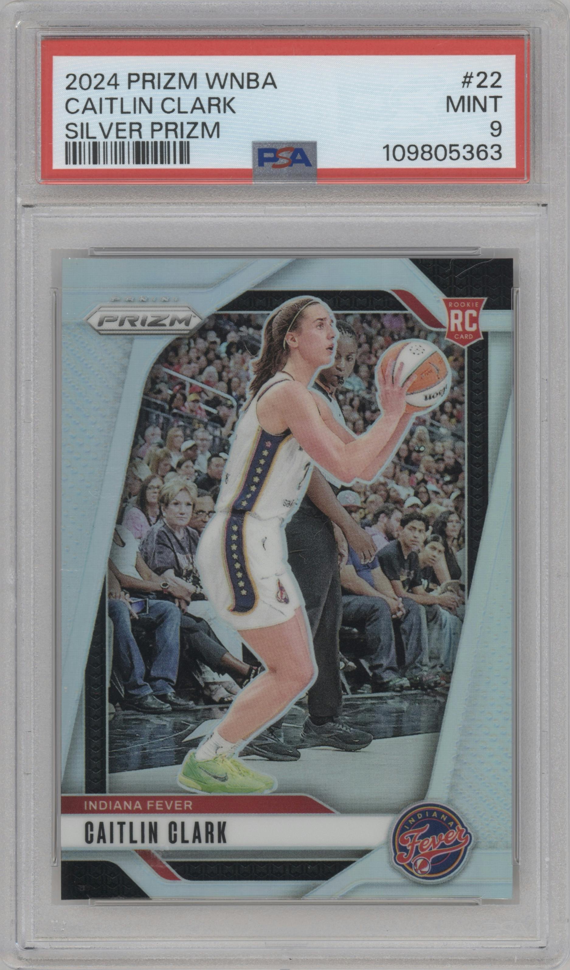 Caitlin Clark from the 2024 Panini Prizm WNBA set featuring a Silver Prizm parallel graded by PSA and given an overall grade of 9.