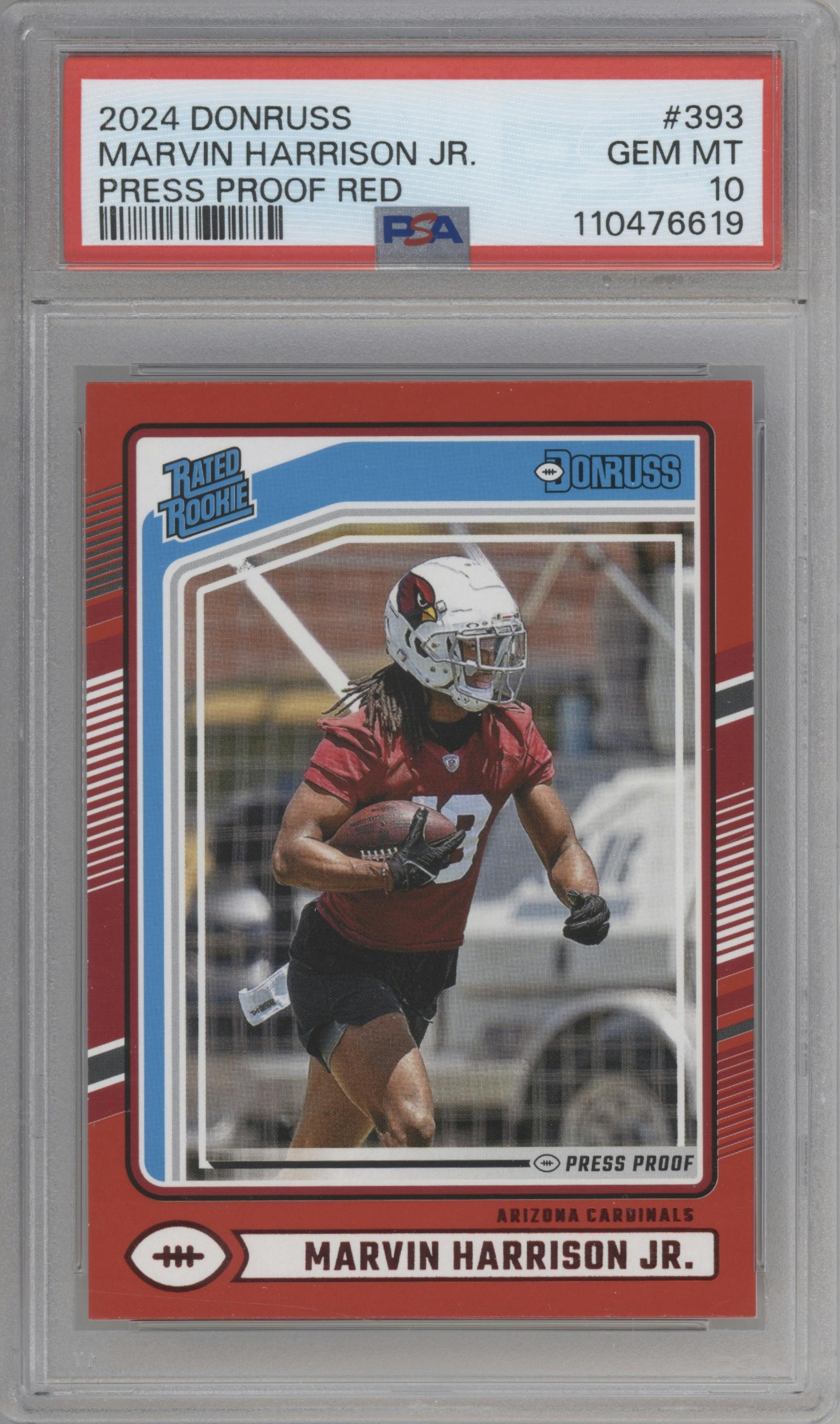Marvin Harrison Jr. from the 2024 Donruss set featuring a Press Proof Red parallel graded by PSA and given an overall grade of 10.