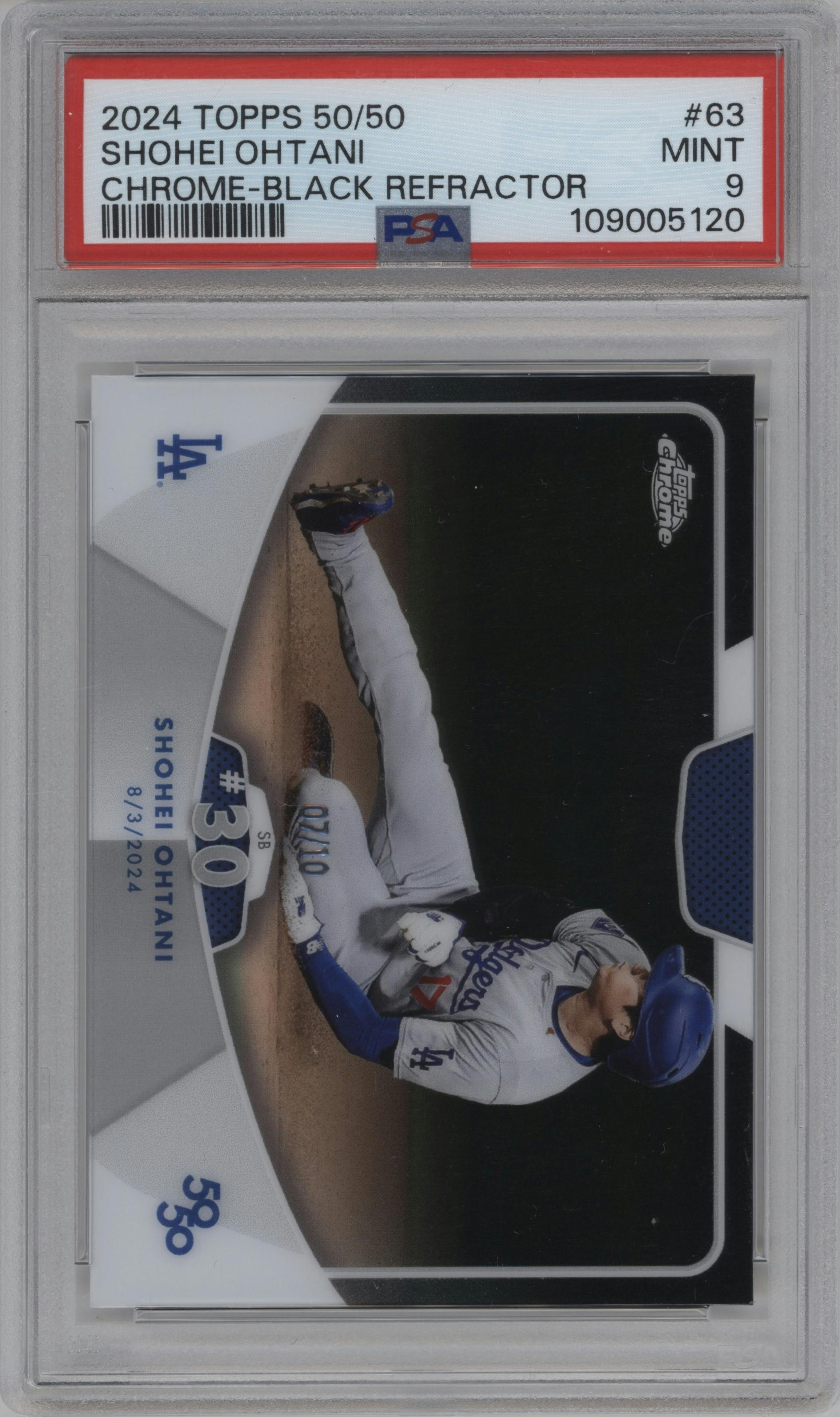 Shohei Ohtani from the 2024 Topps 50/50 set featuring a Black Refractor parallel graded by PSA and given an overall grade of 9.
