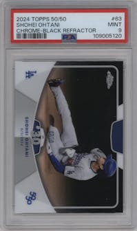 Shohei Ohtani from the 2024 Topps 50/50 set featuring a Black Refractor parallel graded by PSA and given an overall grade of 9.