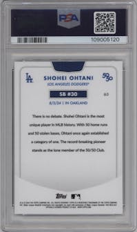 Shohei Ohtani from the 2024 Topps 50/50 set featuring a Black Refractor parallel graded by PSA and given an overall grade of 9.