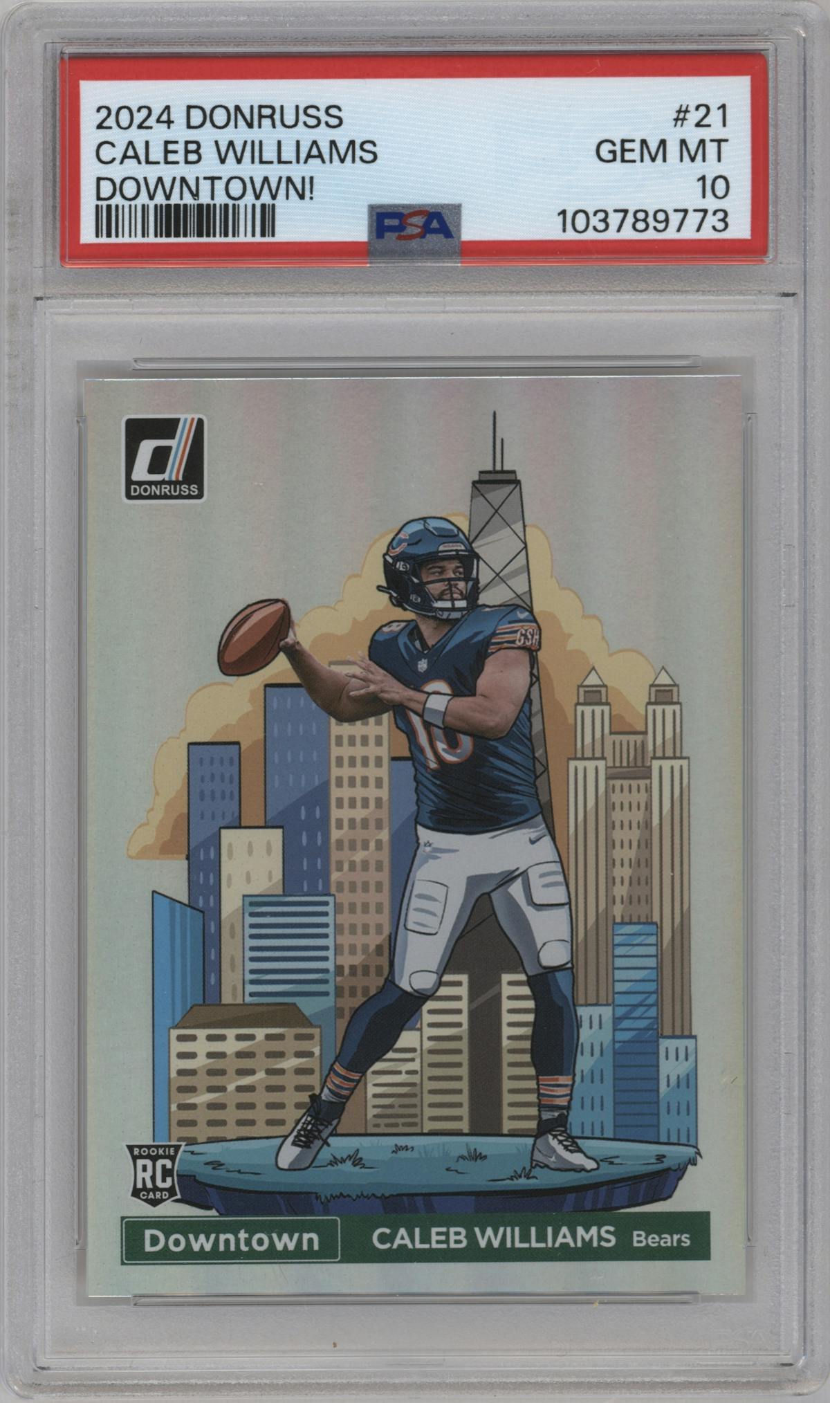 Caleb Williams from the 2024 Donruss set graded by PSA and given an overall grade of 10.
