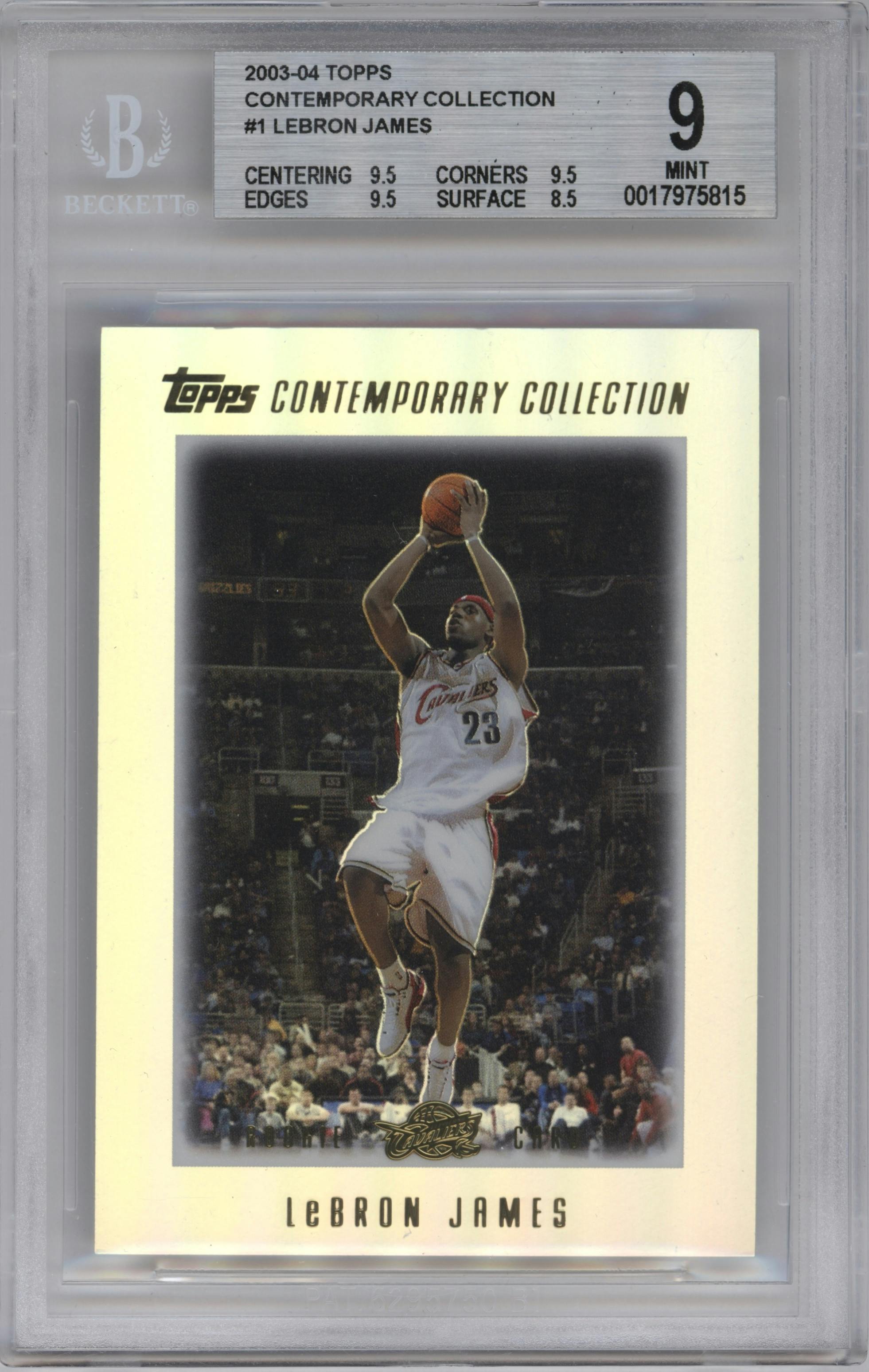 LeBron James from the 2003-04 Topps Contemporary Collection set graded by Beckett and given an overall grade of 9.