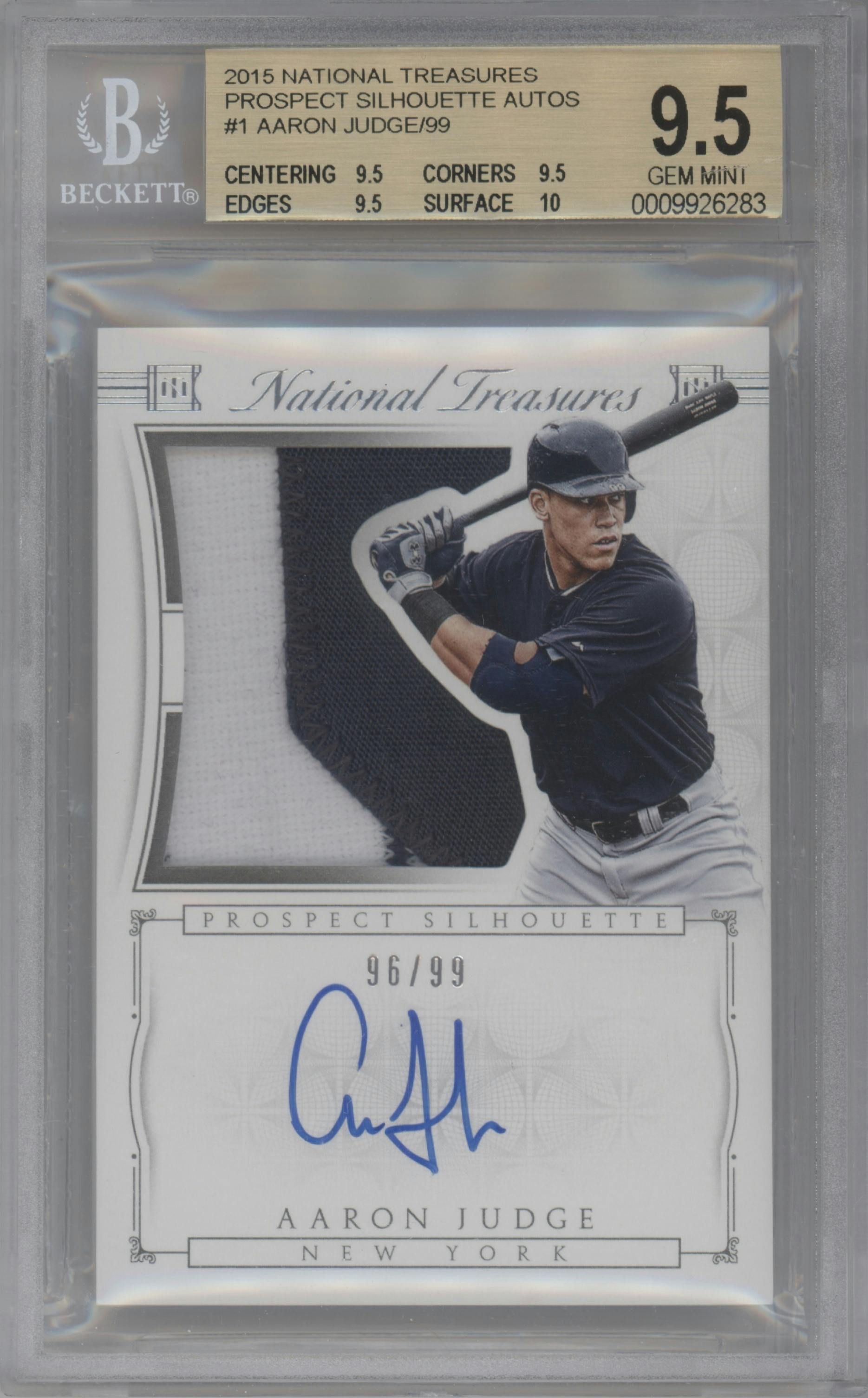 Aaron Judge from the 2015 Panini National Treasures set graded by Beckett and given an overall grade of 9.5.