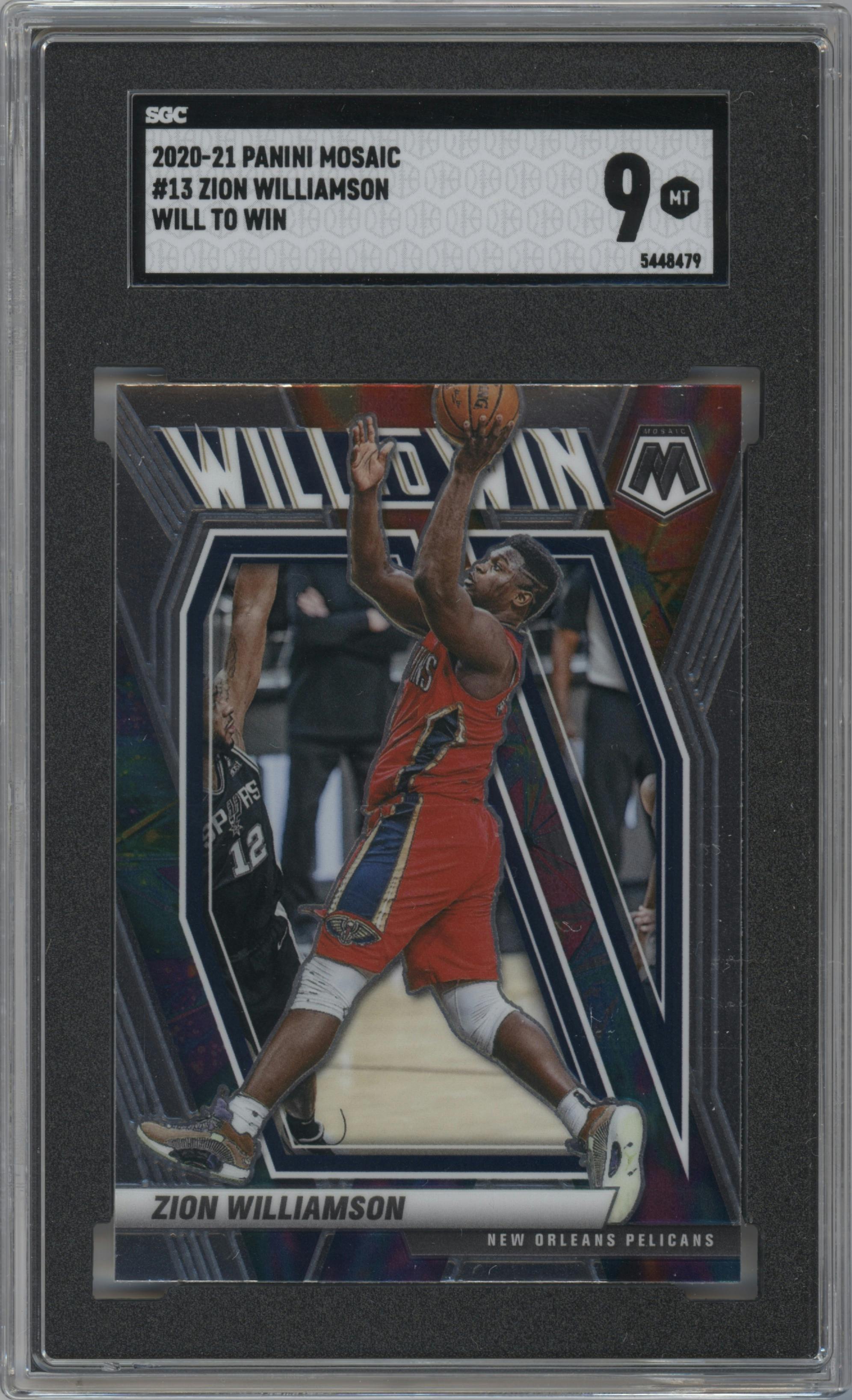 Zion Williamson from the 2020-21 Panini Mosaic set graded by SGC and given an overall grade of 9.