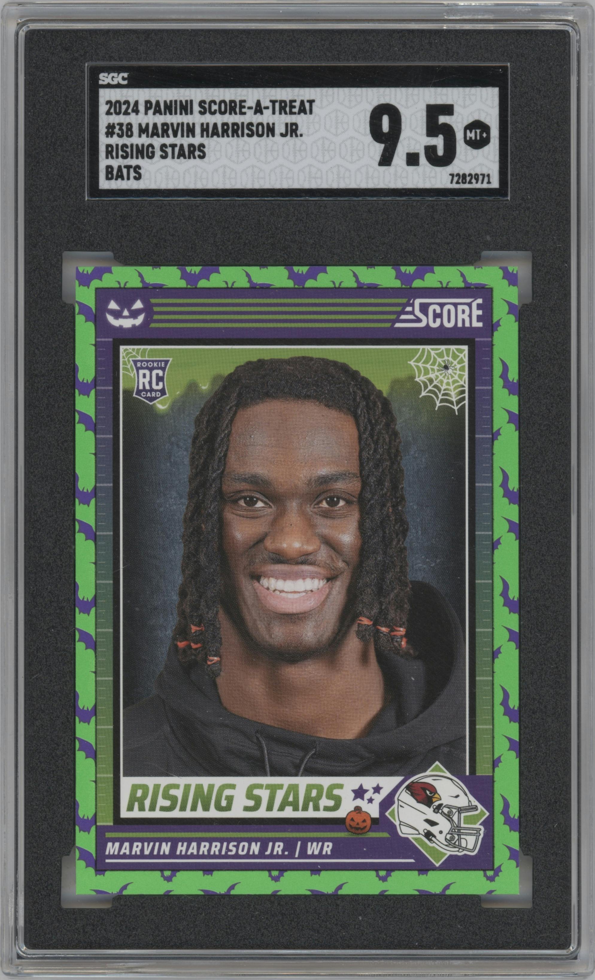 Marvin Harrison Jr. from the 2024 Score-a-Treat set featuring a Bats parallel graded by SGC and given an overall grade of 9.5.