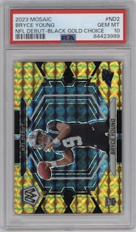 Bryce Young from the 2023 Panini Mosaic set featuring a Black Gold Choice parallel graded by PSA and given an overall grade of 10.