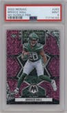  Breece Hall from the 2022 Panini Mosaic set featuring a No Huddle Pink parallel graded by PSA and given an overall grade of 9.