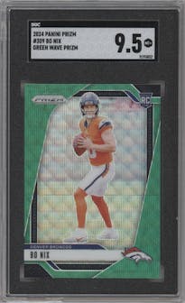 Bo Nix from the 2024 Panini Prizm set featuring a Green Wave parallel graded by SGC and given an overall grade of 9.5.