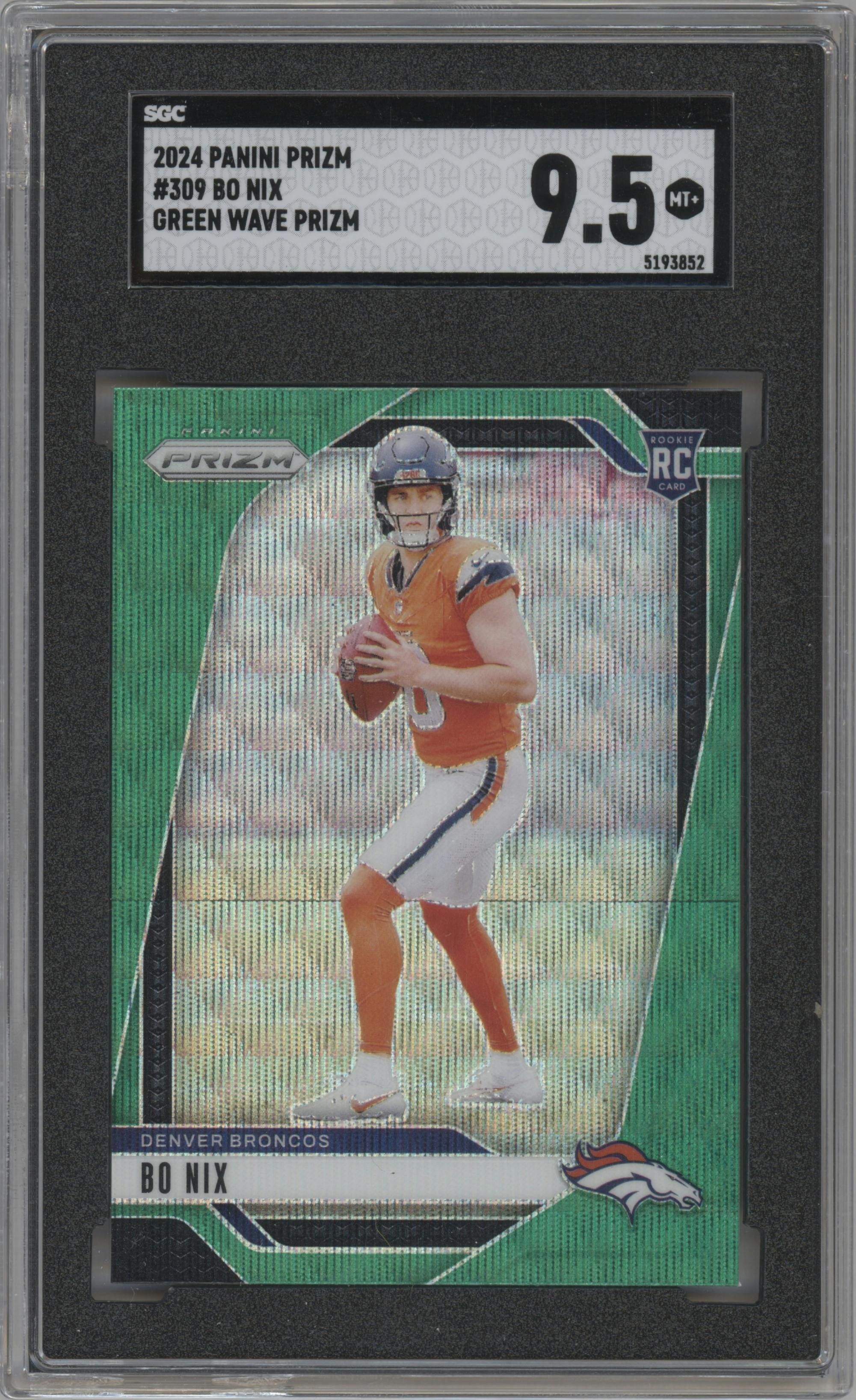 Bo Nix from the 2024 Panini Prizm set featuring a Green Wave parallel graded by SGC and given an overall grade of 9.5.