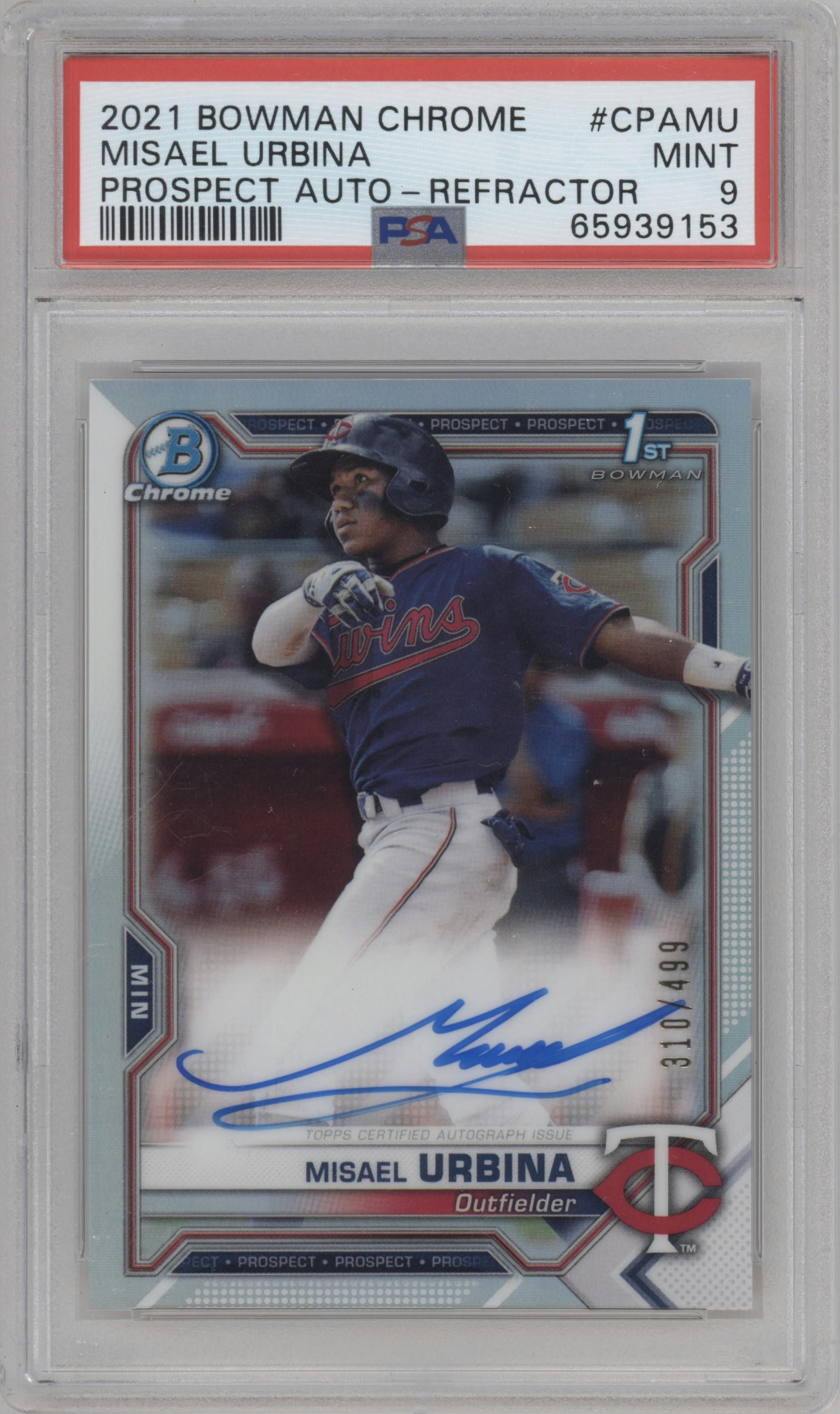 Misael Urbina from the 2021 Bowman Chrome set featuring a Refractor parallel graded by PSA and given an overall grade of 9.