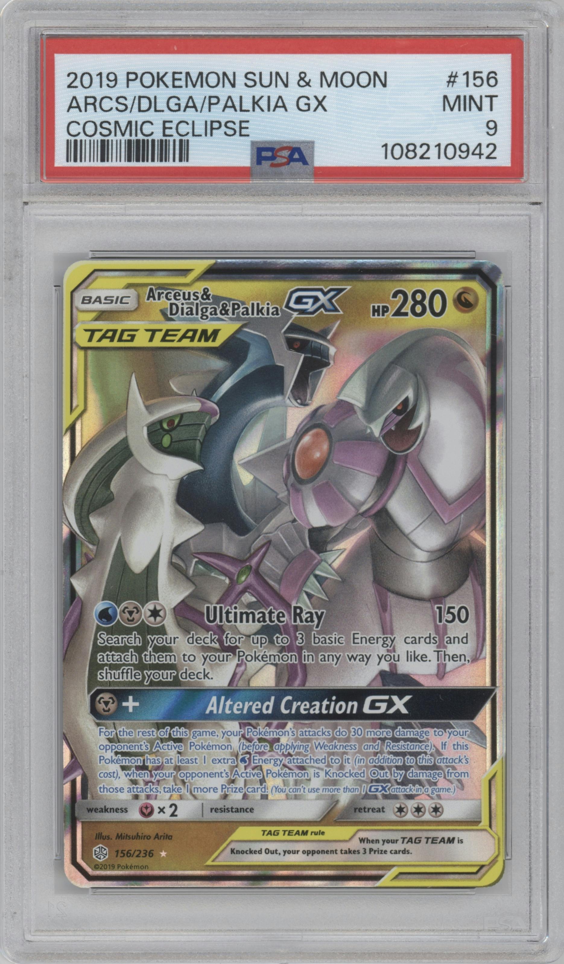 Arceus/Dialga/Palkia GX from the 2019 Pokemon S&M  set graded by PSA and given an overall grade of 9.