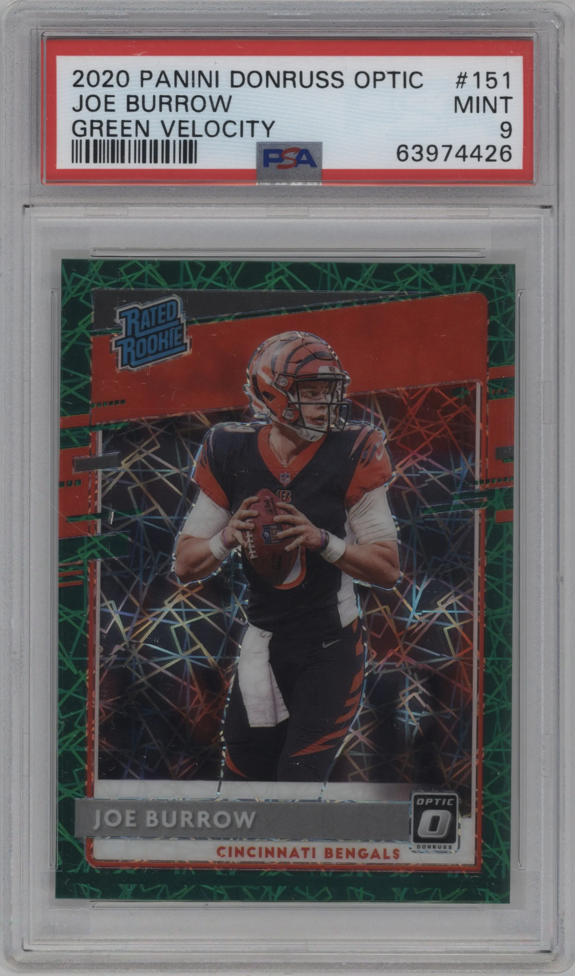 2020 Panini Donruss Optic Rated Rookie Joe Burrow Green Velocity PSA 9