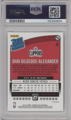 Shai Gilgeous-Alexander from the 2018-19 Panini Donruss Optic set featuring a Shock parallel graded by PSA and given an overall grade of 10.